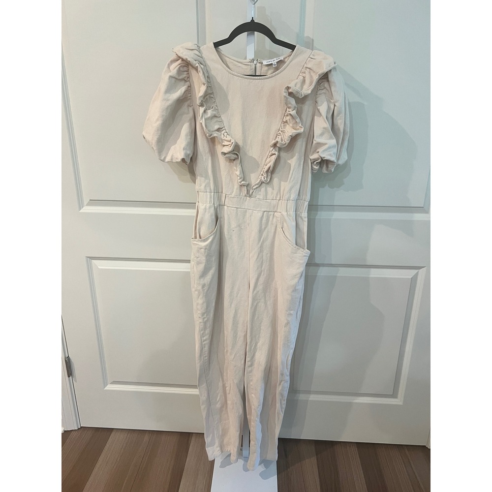 Jacquie the Label Cream Denim Ruffle Puff Sleeve Jumpsuit Large Utility Boho
